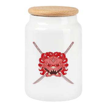 Lion chinois rouge et katanas croisés - Boîte à biscuits avec couvercle en bois - blanc - Devant