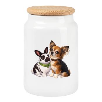 Dwarf Rabbits Paulinchen and Chihuahua Dexter - Cookie Jar with Wooden Lid - white - Front