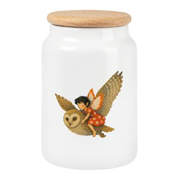 Carinchen en vol avec la chouette - Boîte à biscuits avec couvercle en bois - blanc - Devant