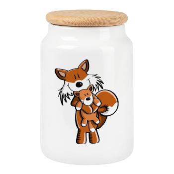 Fuchs mit Babyfuchs - Comic- Geschenk - Kinder - Keksdose mit Holzdeckel - Weiß - Vorne