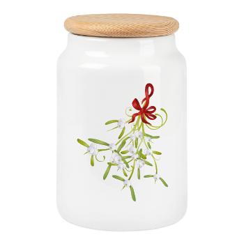 Mistletoe mistletoe berries Christmas bow - Cookie Jar with Wooden Lid - white - Front