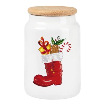 Santa Claus boot with sweets and gift. - Cookie Jar with Wooden Lid - white - Front