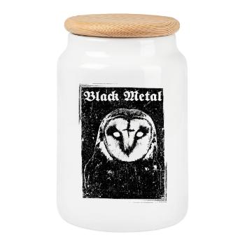 Black Metal Owl - Cookie Jar with Wooden Lid - white - Front