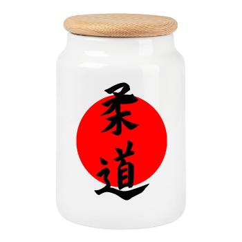Judo en écriture kanji japonaise avec soleil rouge - Boîte à biscuits avec couvercle en bois - blanc - Devant
