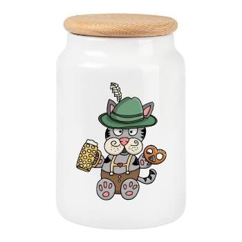 Drôle de chat en costume de lederhosen - Boîte à biscuits avec couvercle en bois - blanc - Devant
