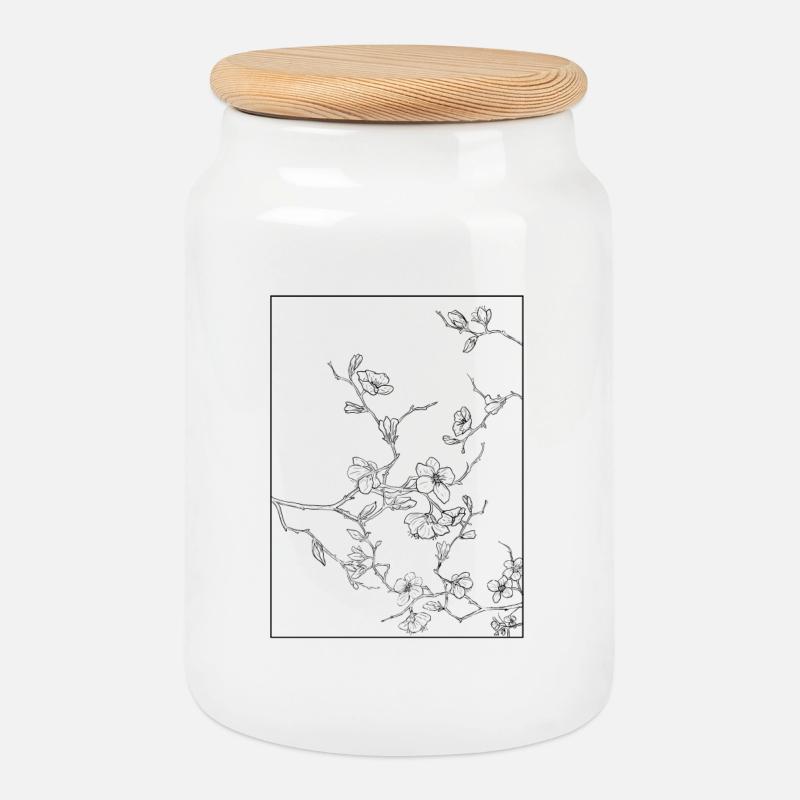 Floral Design Kirschblüten Outline Schwarz - Keksdose mit Holzdeckel - Weiß