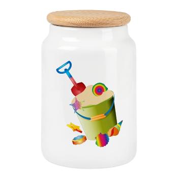Sand toys on the beach with colorful shells - Cookie Jar with Wooden Lid - white - Front