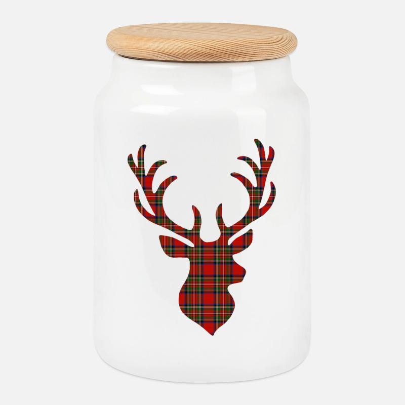 Rot-Tartan-Hirsch - Keksdose mit Holzdeckel - Weiß