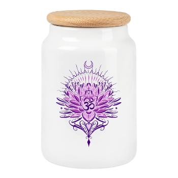 Fleur de lotus avec symbole Om et lune - Boîte à biscuits avec couvercle en bois - blanc - Devant