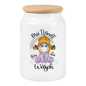 Trachtenshirt Kinder Mei Dirndl is in da Wäsch - Keksdose mit Holzdeckel - Weiß - Vorne