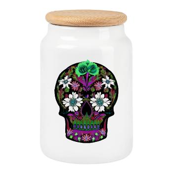 Floral Sugar Skull | Mexican Day of the Dead - Cookie Jar with Wooden Lid - white - Front