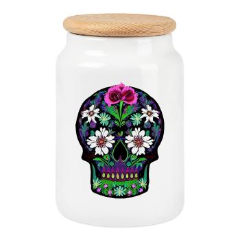 Floral Sugar Skull | Mexican Day of the Dead  - Cookie Jar with Wooden Lid - white - Front