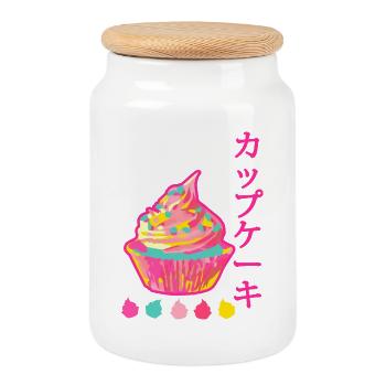 Kawaii Neon Rainbow Japan Cupcake - Cookie Jar with Wooden Lid - white - Front