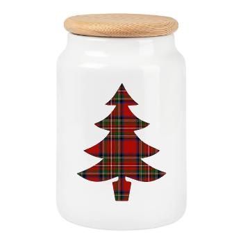 Tartan Weihnachtsbaum - Keksdose mit Holzdeckel - Weiß - Vorne