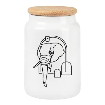 Elephant in Geometric Shape - Line Art Design - Cookie Jar with Wooden Lid - white - Front
