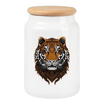 Tiger head - Cookie Jar with Wooden Lid - white - Front
