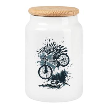 Dirt Bike Splash Forest Jump - Cookie Jar with Wooden Lid - white - Front