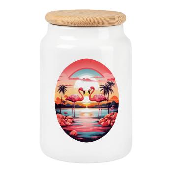 Flamingos - Cookie Jar with Wooden Lid - white - Front