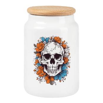 Skull with flowers - Cookie Jar with Wooden Lid - white - Front