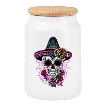 Sugar Skull Halloween Roses Sombrero - Boîte à biscuits avec couvercle en bois - blanc - Devant