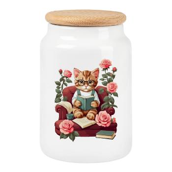 Chat intelligent mignon avec des lunettes de lecture - Boîte à biscuits avec couvercle en bois - blanc - Devant