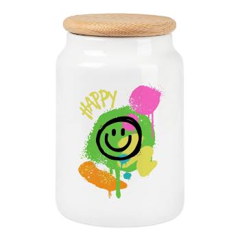 Graffiti Happy Smiley Éclaboussures de Couleur - Boîte à biscuits avec couvercle en bois - blanc - Devant