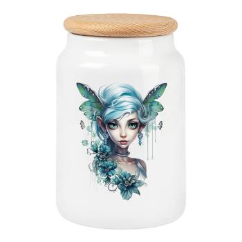 Fée aux cheveux bleus et aux grands yeux – Fantasy - Boîte à biscuits avec couvercle en bois - blanc - Devant