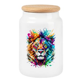 Lion coloré - Tête de lion - signe du zodiaque Lion - Boîte à biscuits avec couvercle en bois - blanc - Devant