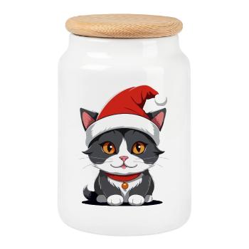 Chat Noël - Boîte à biscuits avec couvercle en bois - blanc - Devant