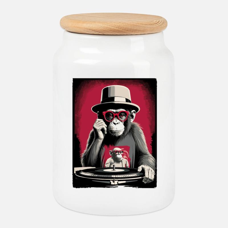 Monkey DJ - Cookie Jar with Wooden Lid - white