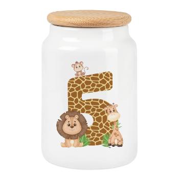 5e anniversaire : Animaux de la jungle : Girafe, Lion, Singe - Boîte à biscuits avec couvercle en bois - blanc - Devant
