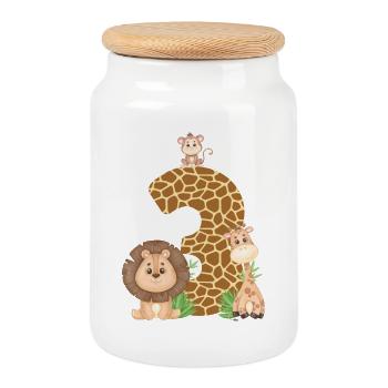 3ème anniversaire : Animaux de la jungle : Girafe, Lion, Singe - Boîte à biscuits avec couvercle en bois - blanc - Devant