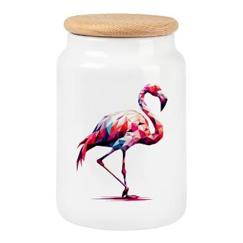 Polygonaler Flamingo - Keksdose mit Holzdeckel - Weiß - Vorne