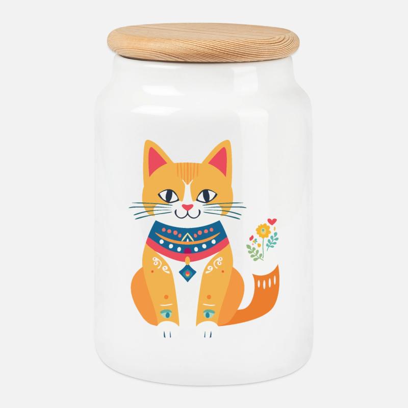 süße Folklore-Katze - Keksdose mit Holzdeckel - Weiß