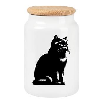British Shorthair Cat - Cookie Jar with Wooden Lid - white - Front