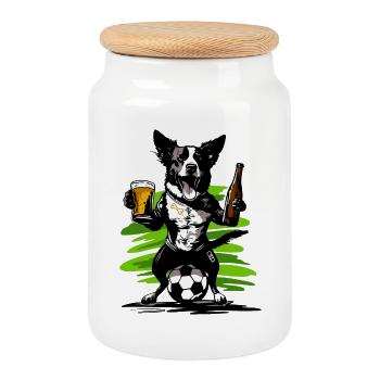 Chien avec fan de football et de bière - Boîte à biscuits avec couvercle en bois - blanc - Devant