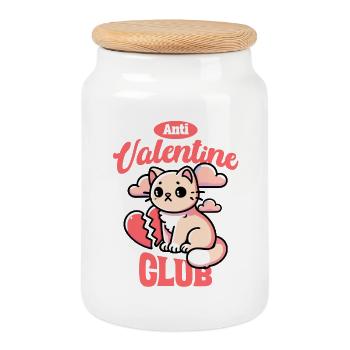 Anti-Valentine Club – Funny Cat Design - Cookie Jar with Wooden Lid - white - Front