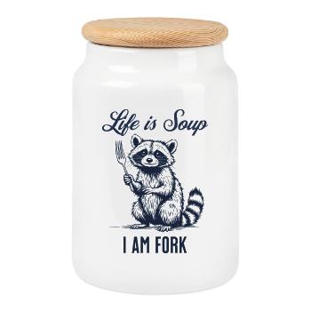 Funny Raccoon – Life is Soup - Cookie Jar with Wooden Lid - white - Front