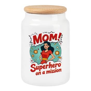 Mère, super-héroïne en mission ! - Boîte à biscuits avec couvercle en bois - blanc - Devant