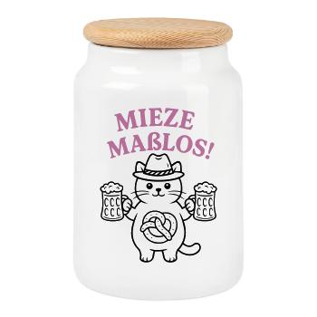 Mieze maßlos! - Bayerisches Partyshirt - Keksdose mit Holzdeckel - Weiß - Vorne