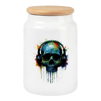 Crâne de DJ coloré avec des écouteurs - Boîte à biscuits avec couvercle en bois - blanc - Devant
