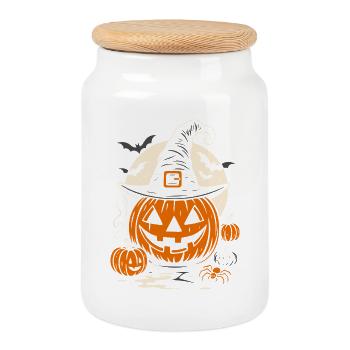 Halloween Kürbis mit Hexenhut & Spinne - Keksdose mit Holzdeckel - Weiß - Vorne