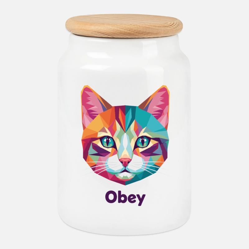 Geometric Cat Head with Obey Text - Cookie Jar with Wooden Lid - white