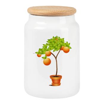 Small orange tree in flower pot - Cookie Jar with Wooden Lid - white - Front