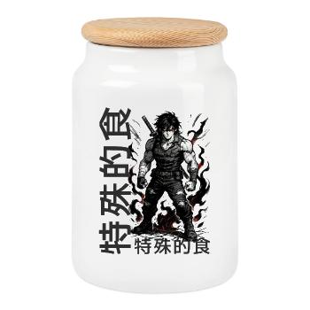 Anime T-Shirt mit Kämpfer – Schwarzes Manga Design - Keksdose mit Holzdeckel - Weiß - Vorne