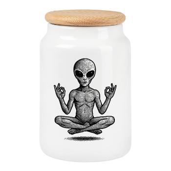 Abstract Geometric Line Art Design - Cookie Jar with Wooden Lid - white - Front
