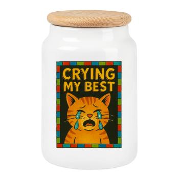 Crying Cat Emotional  - Cookie Jar with Wooden Lid - white - Front