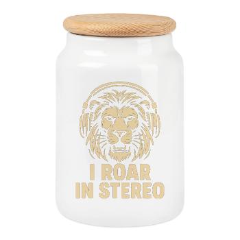 Tête de lion avec écouteurs - Boîte à biscuits avec couvercle en bois - blanc - Devant