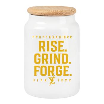 Rise Grind Forge – Motivation T-Shirt - Keksdose mit Holzdeckel - Weiß - Vorne