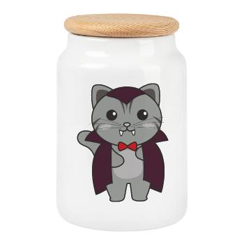 Chat Happy Halloween Mignon Costume de Vampire - Boîte à biscuits avec couvercle en bois - blanc - Devant